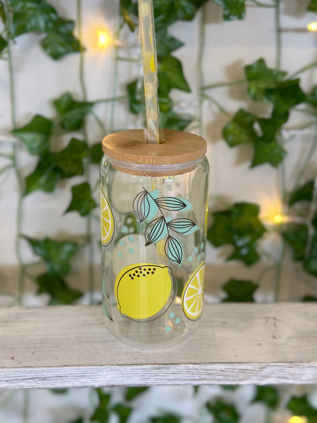 Lemons 16 oz Glass Cup w/ Bamboo Lid